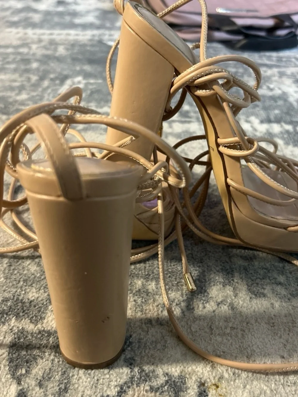 Liliana Strappy Lace-Up Square Toe Heels in Beige